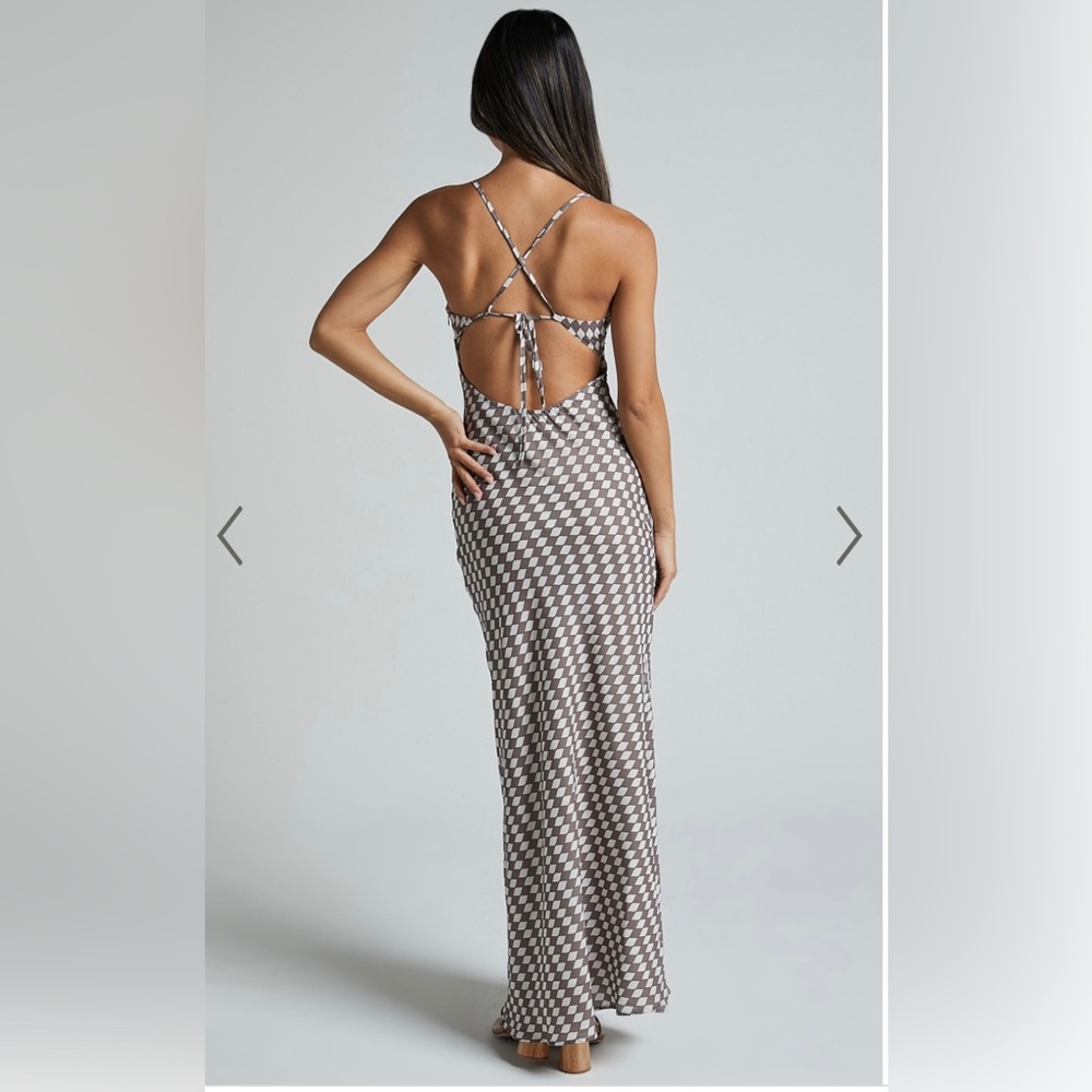 HONEY MIDI DRESS - CUT OUT CROSS TIE BACK SLIP DRESS IN BROWN AND WHITE GEO